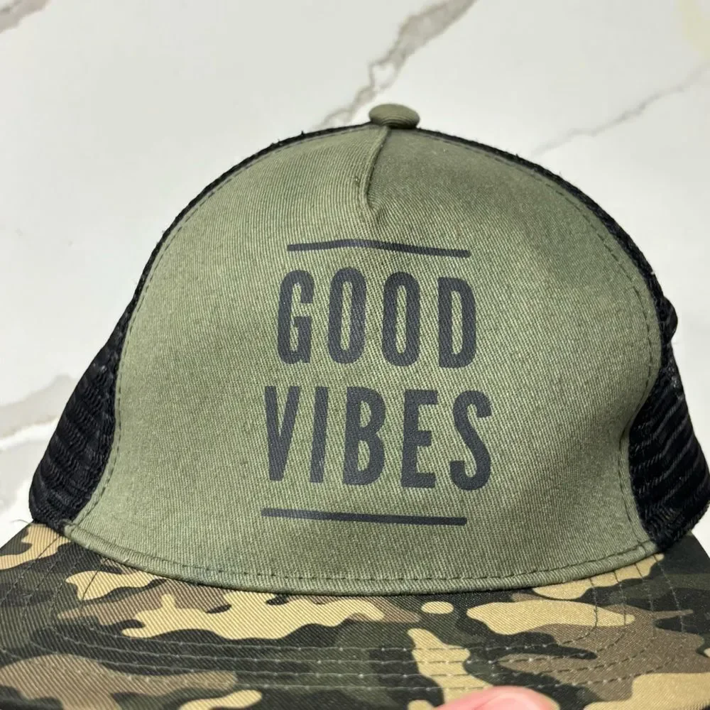 Unisex Green & Black Camo “Good Vibes” Snapback Hat – Kids Size